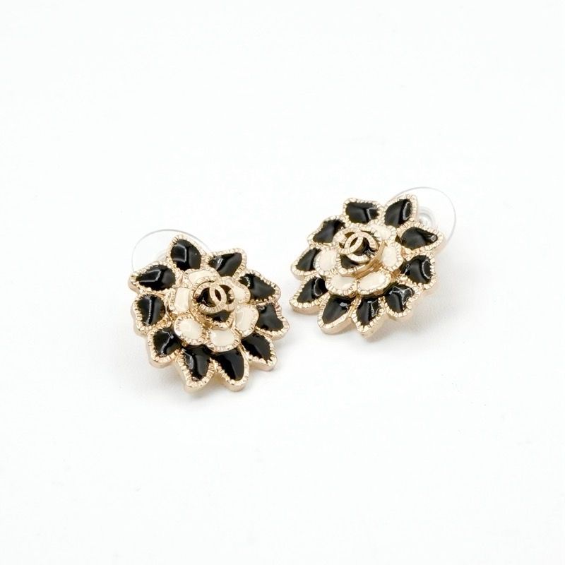Chanel Earrings Earring Gold Black White Coco Mark Flower Rhinestone