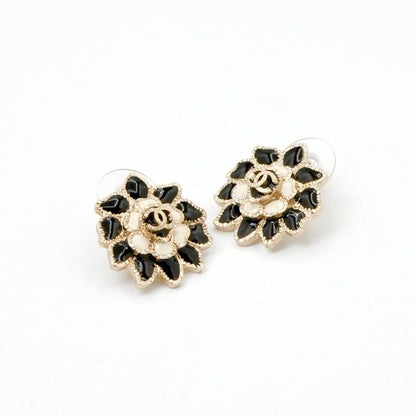 Chanel Earrings Earring Gold Black White Coco Mark Flower Rhinestone