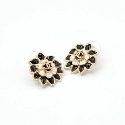 Chanel Earrings Earring Gold Black White Coco Mark Flower Rhinestone