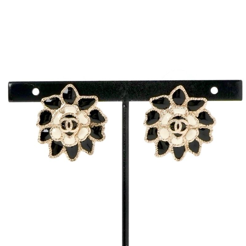 Chanel Earrings Earring Gold Black White Coco Mark Flower Rhinestone
