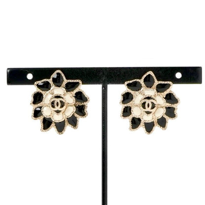 Chanel Earrings Earring Gold Black White Coco Mark Flower Rhinestone