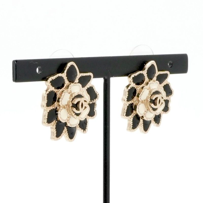 Chanel Earrings Earring Gold Black White Coco Mark Flower Rhinestone