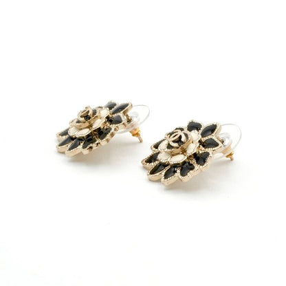 Chanel Earrings Earring Gold Black White Coco Mark Flower Rhinestone
