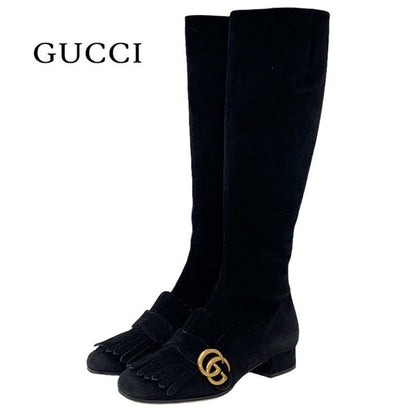 Gucci Double G Boots Long Boots Shoes Ggmarmont Fringe Suede Black