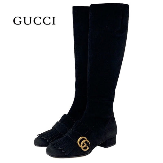 Gucci Double G Boots Long Boots Shoes Ggmarmont Fringe Suede Black
