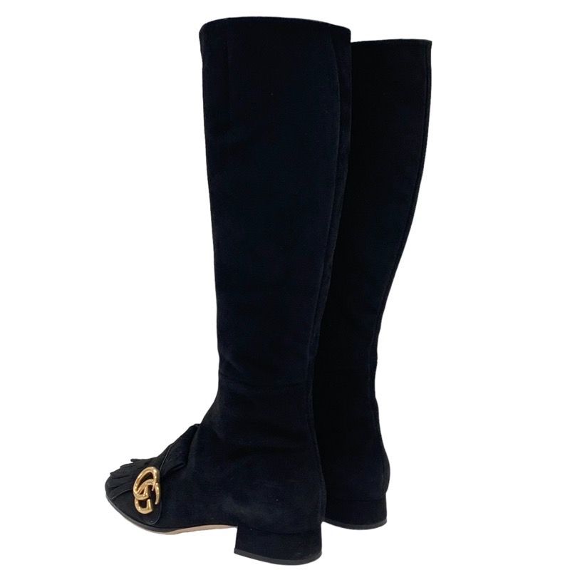 Gucci Double G Boots Long Boots Shoes Ggmarmont Fringe Suede Black