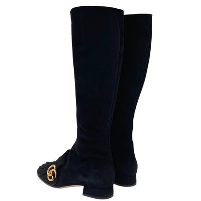 Gucci Double G Boots Long Boots Shoes Ggmarmont Fringe Suede Black