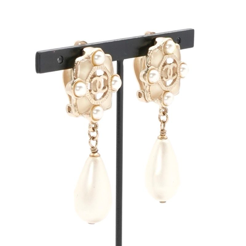 Chanel Earrings Earring Gold White Coco Mark Pearl