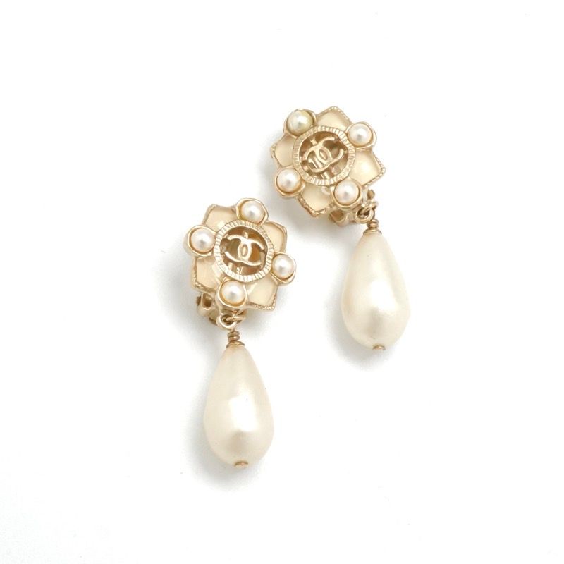 Chanel Earrings Earring Gold White Coco Mark Pearl