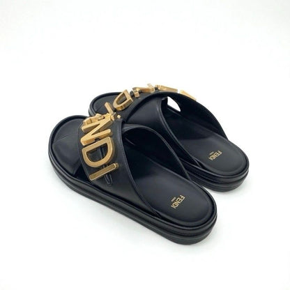 Fendi Sandals Shoes Leather Black Gold Logo Flat