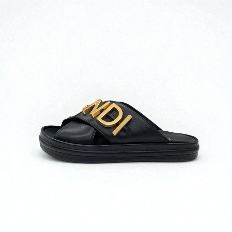 Fendi Sandals Shoes Leather Black Gold Logo Flat