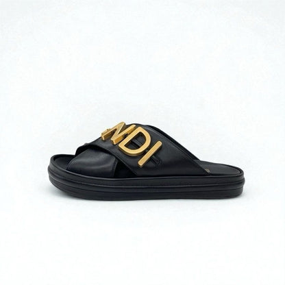 Fendi Sandals Shoes Leather Black Gold Logo Flat