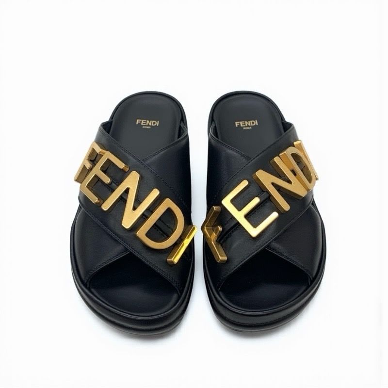 Fendi Sandals Shoes Leather Black Gold Logo Flat