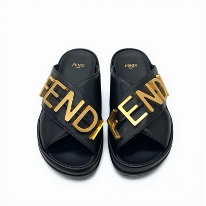 Fendi Sandals Shoes Leather Black Gold Logo Flat