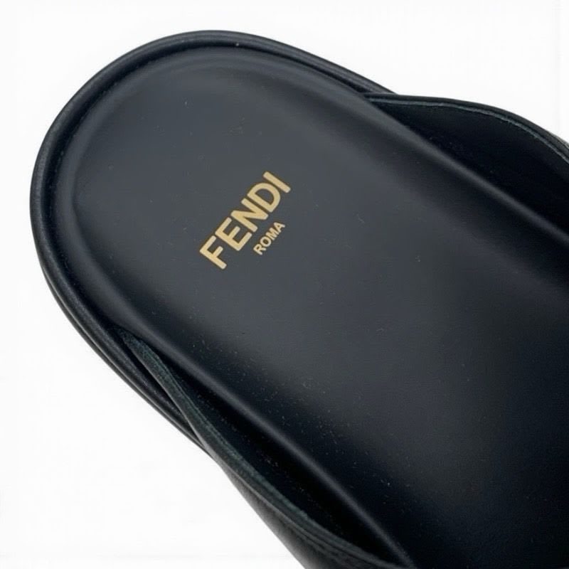 Fendi Sandals Shoes Leather Black Gold Logo Flat