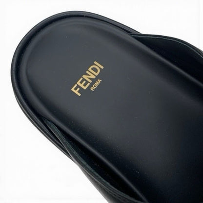 Fendi Sandals Shoes Leather Black Gold Logo Flat
