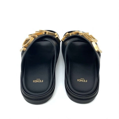 Fendi Sandals Shoes Leather Black Gold Logo Flat
