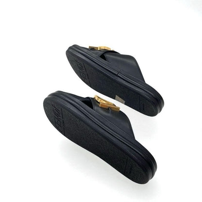 Fendi Sandals Shoes Leather Black Gold Logo Flat