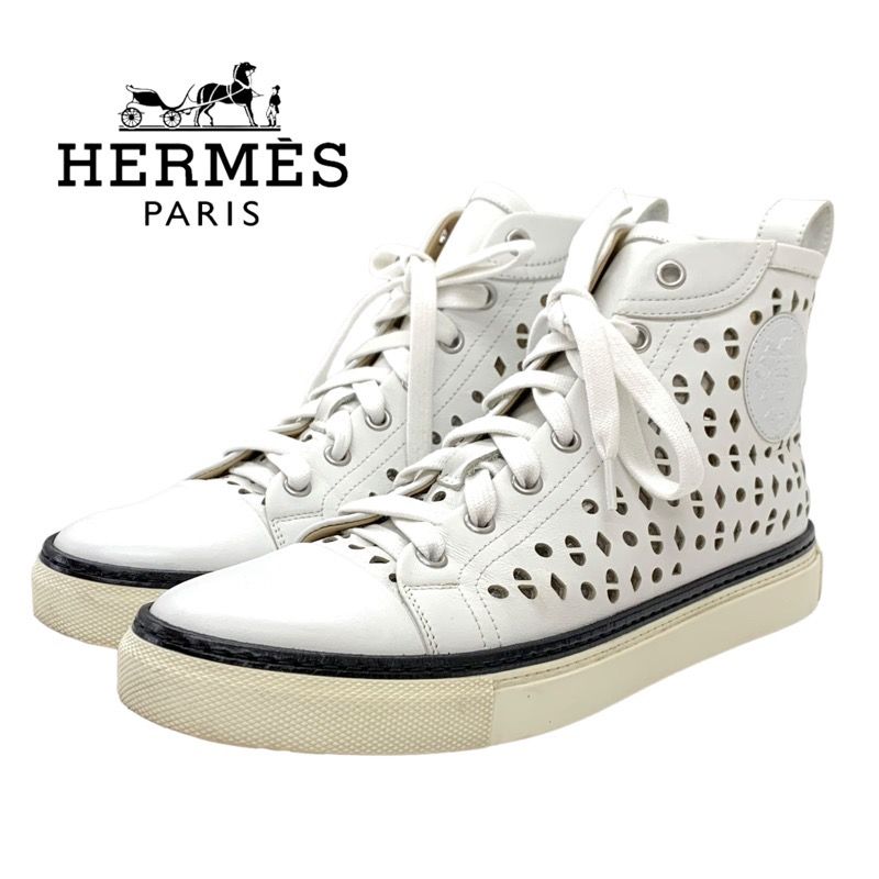 Hermes Jimmy Sneakers Shoes Leather White Punching Exlibris High Cut
