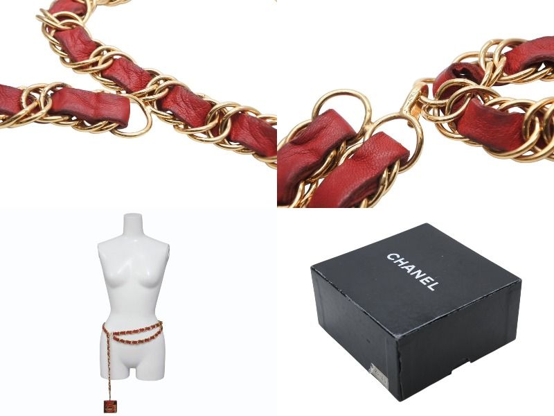 Chanel Vintage Chain Belt CC Logo No 5 Leather Metal Gold Plated — view 8