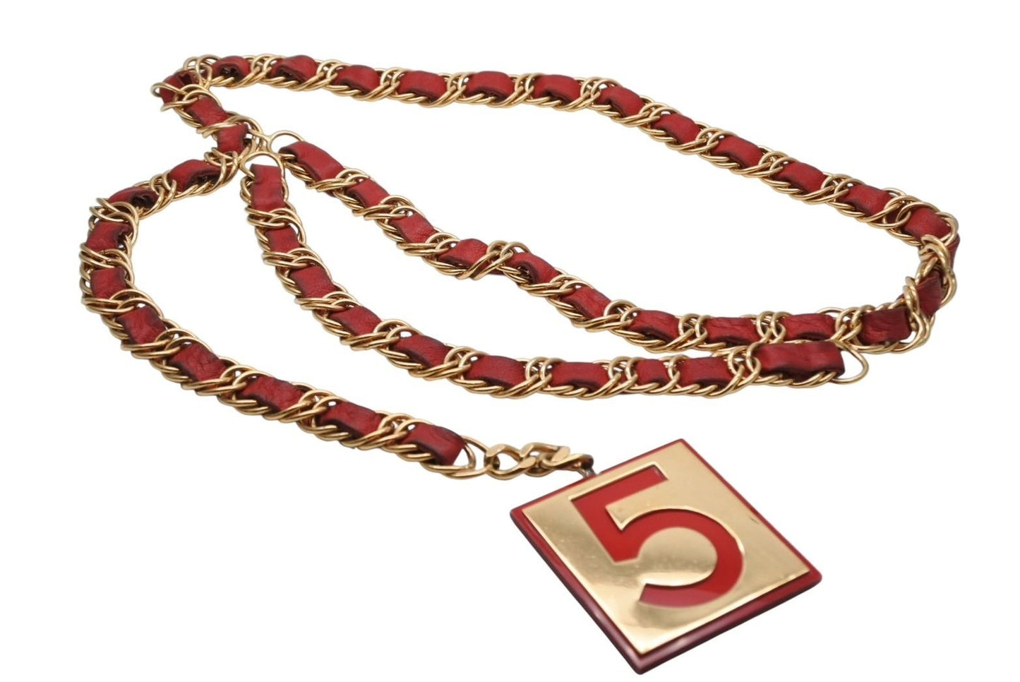 Chanel Vintage Chain Belt CC Logo No 5 Leather Metal Gold Plated