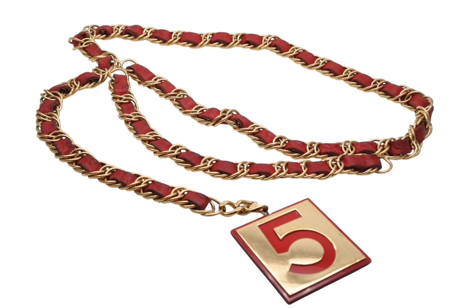 Chanel Vintage Chain Belt CC Logo No 5 Leather Metal Gold Plated