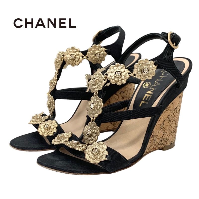 Chanel Sandals Shoes Fabric Cork Black Gold Camellia Heremark Stone Wedge Sole