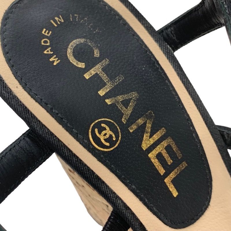 Chanel Sandals Shoes Fabric Cork Black Gold Camellia Heremark Stone Wedge Sole