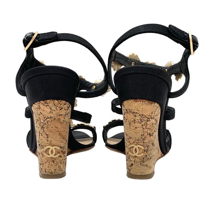 Chanel Sandals Shoes Fabric Cork Black Gold Camellia Heremark Stone Wedge Sole