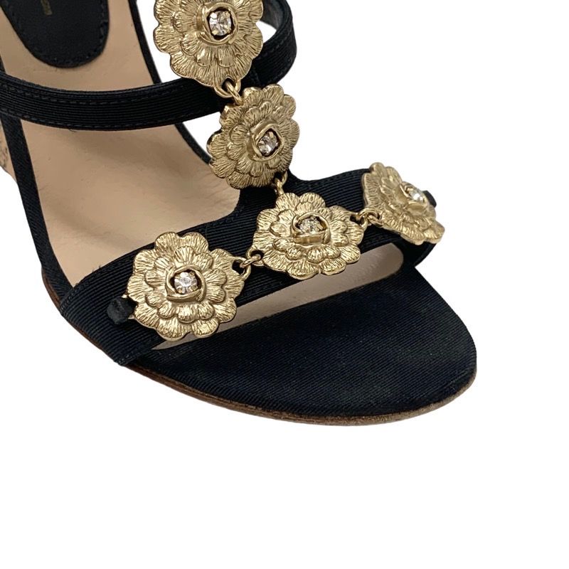 Chanel Sandals Shoes Fabric Cork Black Gold Camellia Heremark Stone Wedge Sole
