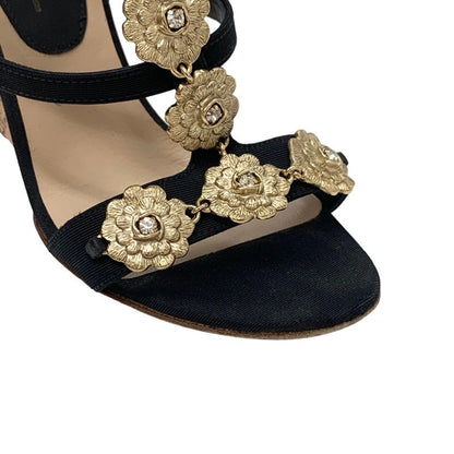 Chanel Sandals Shoes Fabric Cork Black Gold Camellia Heremark Stone Wedge Sole