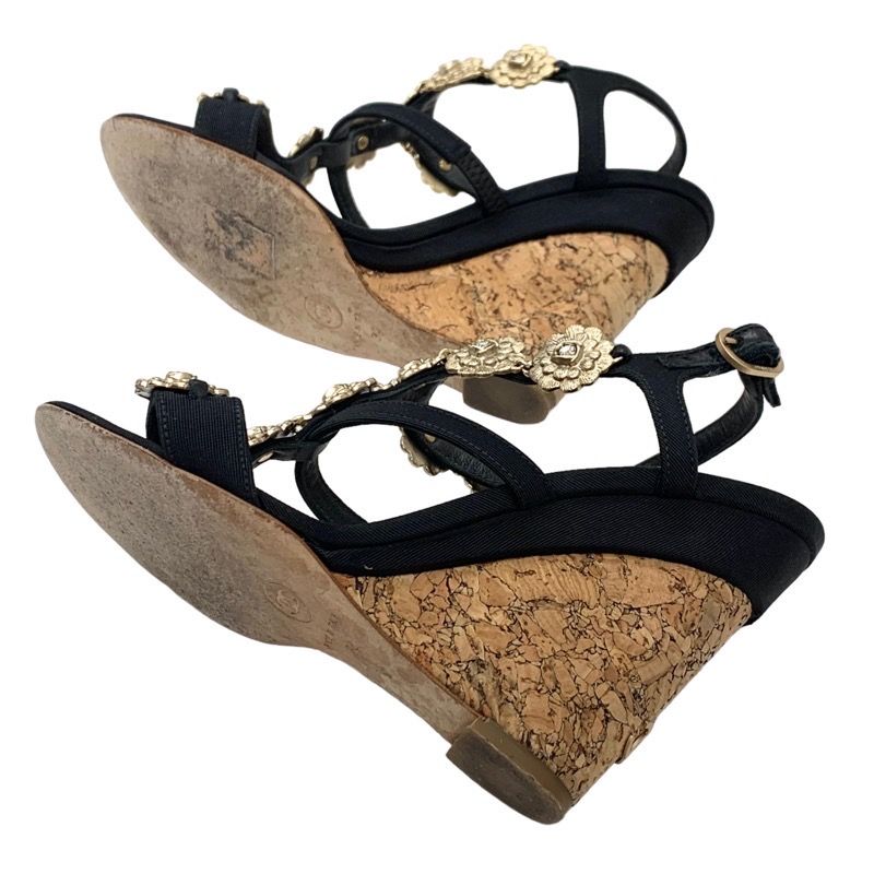 Chanel Sandals Shoes Fabric Cork Black Gold Camellia Heremark Stone Wedge Sole