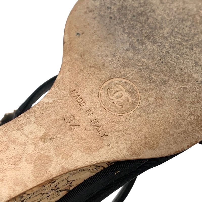 Chanel Sandals Shoes Fabric Cork Black Gold Camellia Heremark Stone Wedge Sole