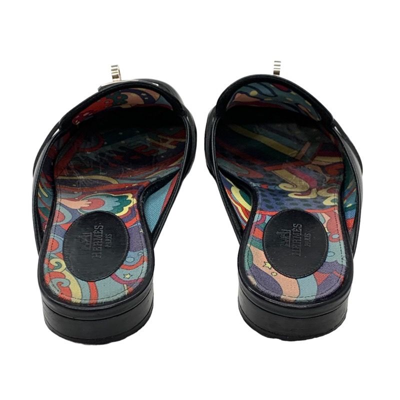 Hermes Oz Flat Shoes Slipper Sandals Mule Shoes Kelly Hardware Leather Black