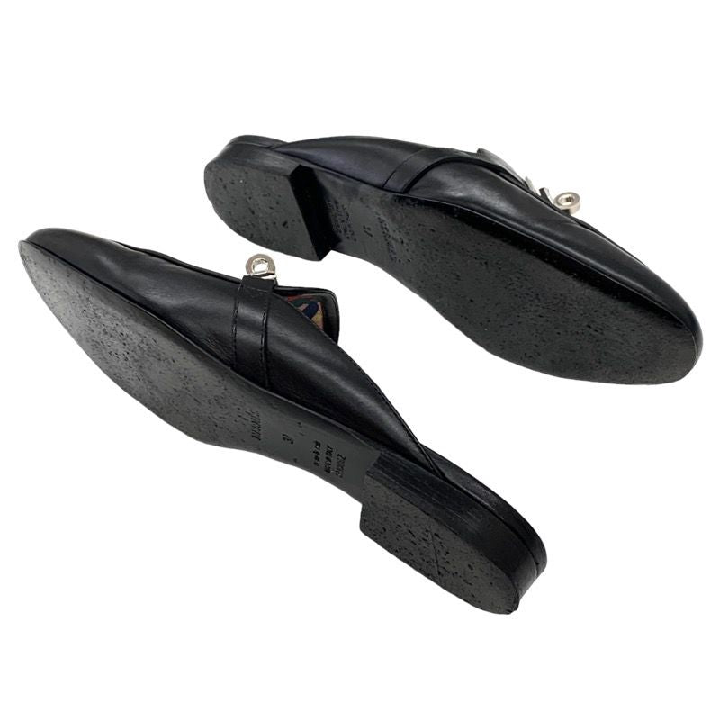 Hermes Oz Flat Shoes Slipper Sandals Mule Shoes Kelly Hardware Leather Black