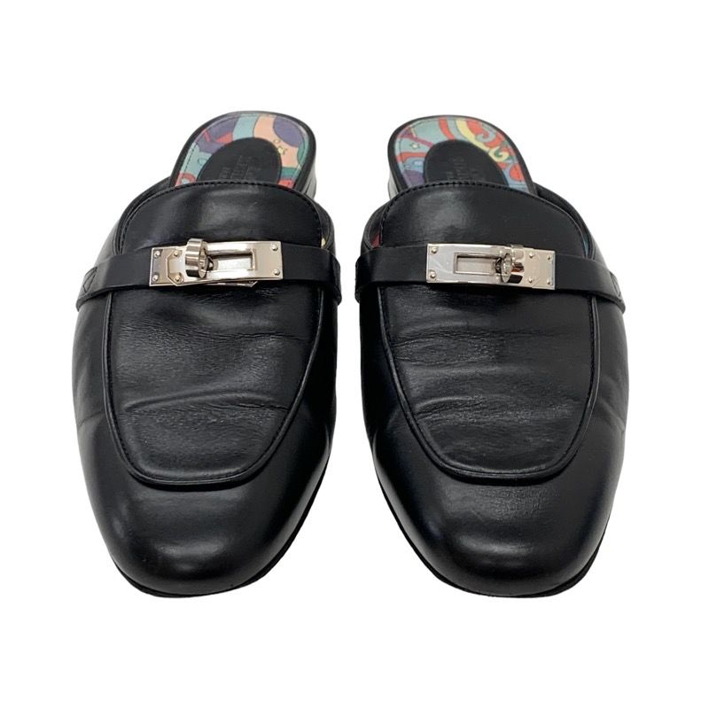 Hermes Oz Flat Shoes Slipper Sandals Mule Shoes Kelly Hardware Leather Black