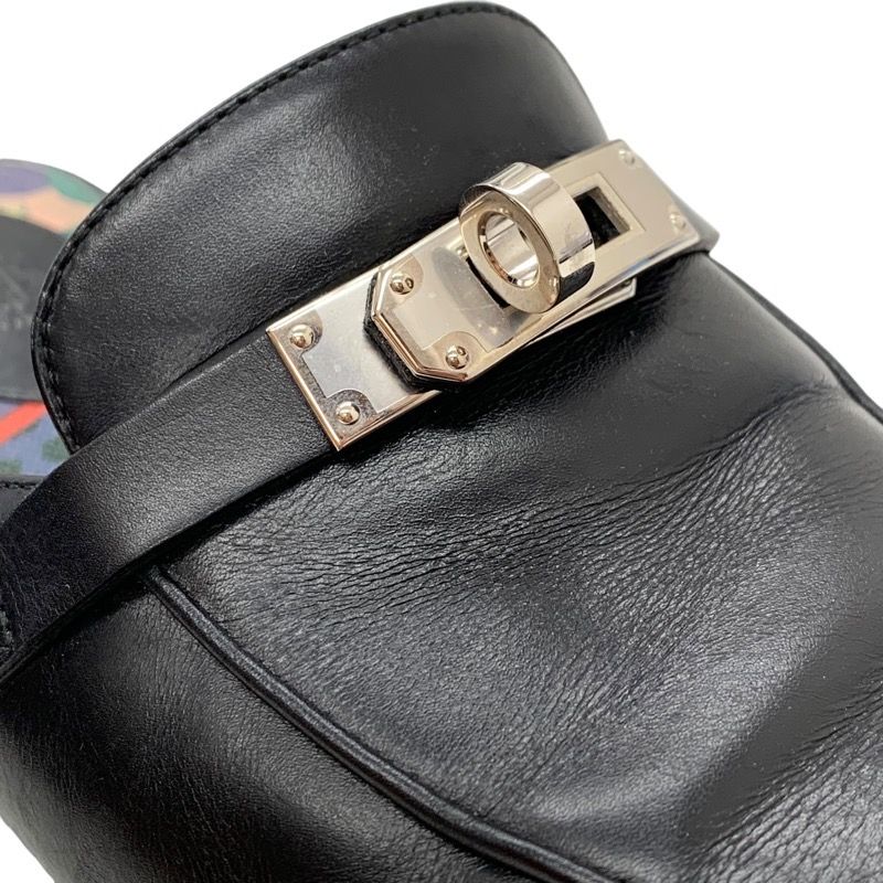 Hermes Oz Flat Shoes Slipper Sandals Mule Shoes Kelly Hardware Leather Black