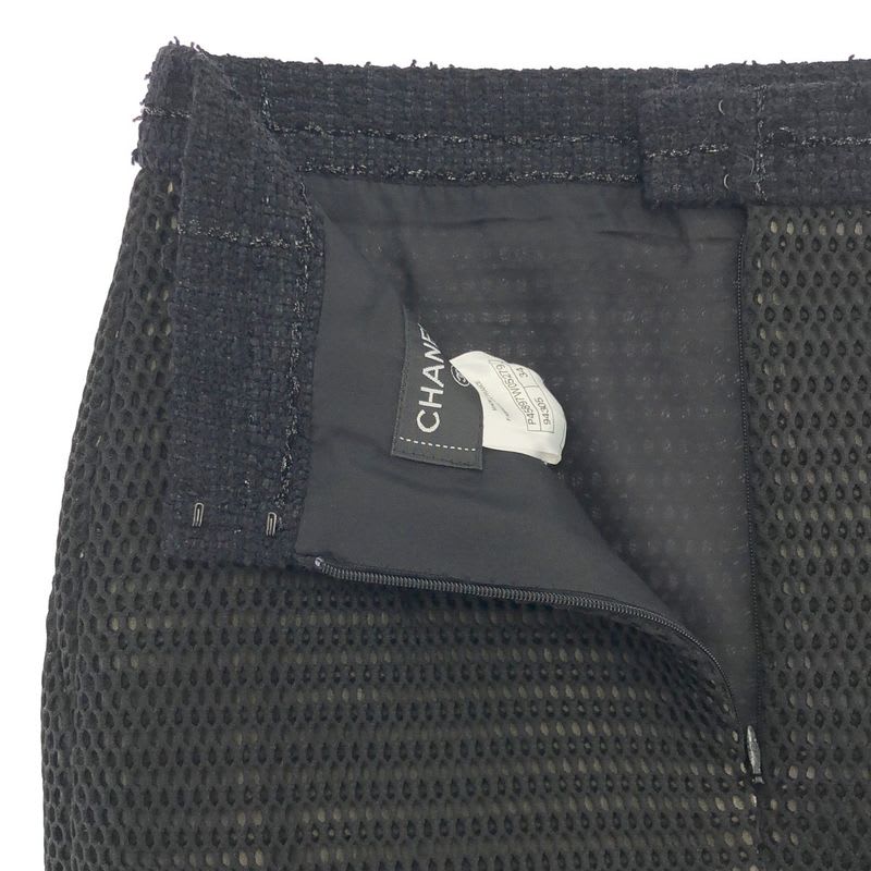 Chanel Waist Tweed Mesh Tight Skirt Black 34