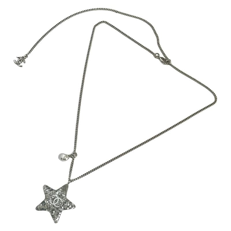 Chanel Necklace Here Mark Comet Silver X White X Clear Star Pearl