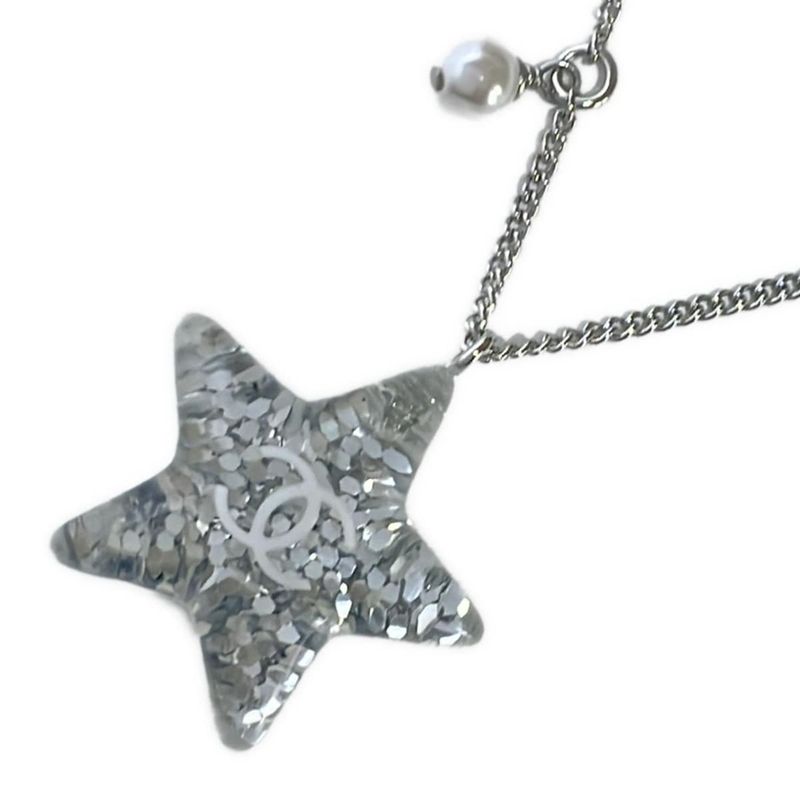 Chanel Necklace Here Mark Comet Silver X White X Clear Star Pearl