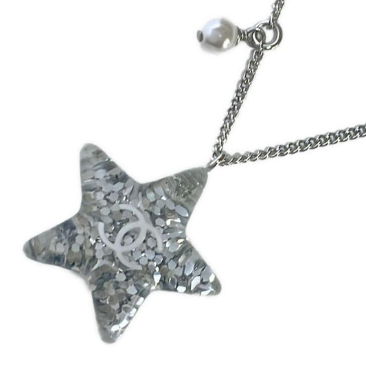 Chanel Necklace Here Mark Comet Silver X White X Clear Star Pearl