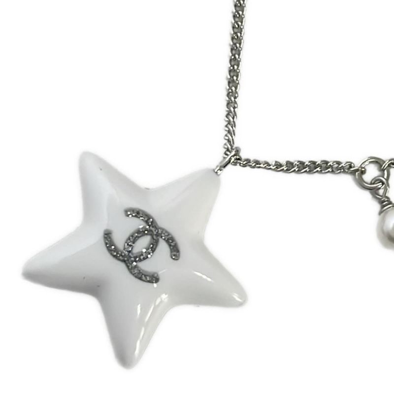 Chanel Necklace Here Mark Comet Silver X White X Clear Star Pearl