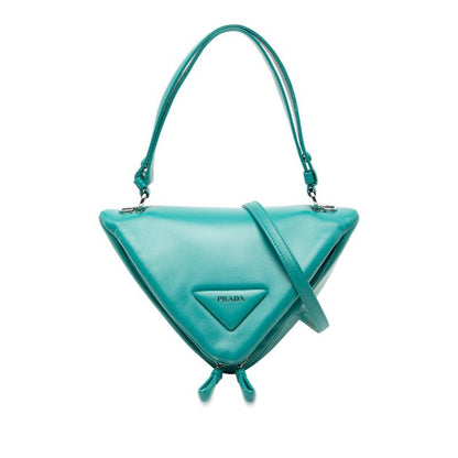Prada Triangle Handbag Shoulder Bag 2way 1ba315 Blue Green Padded Nappa Leather
