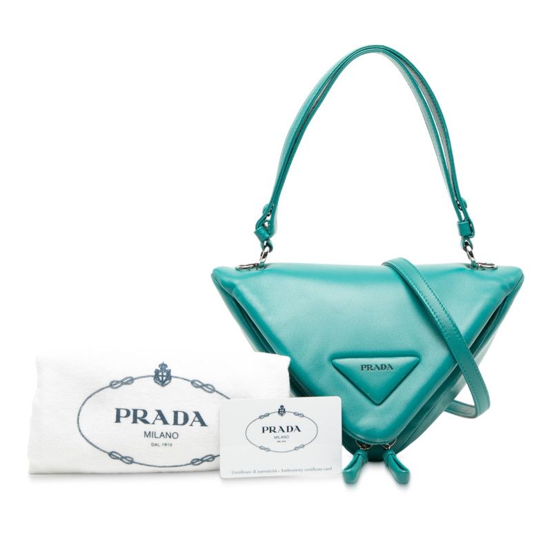 Prada Triangle Handbag Shoulder Bag 2way 1ba315 Blue Green Padded Nappa Leather