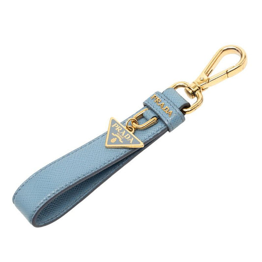 Prada Triangle Logo Plate Charm Bag Charm Light Blue Gold Plated Saffiano