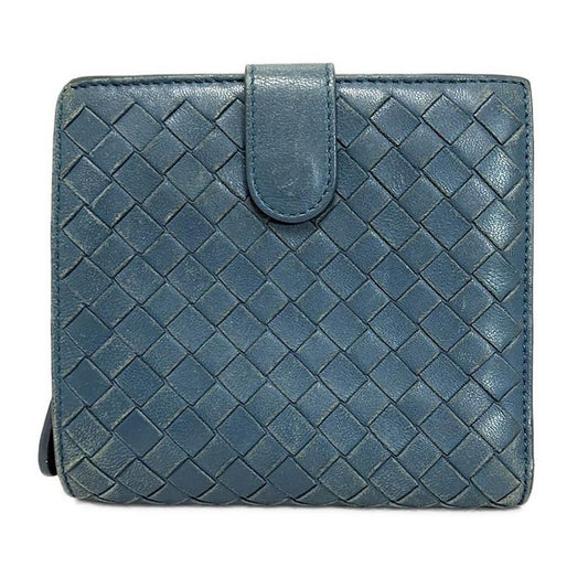 Bottega Veneta Bifold Wallet Intrecciato Blue Gray Round Zipper Leather