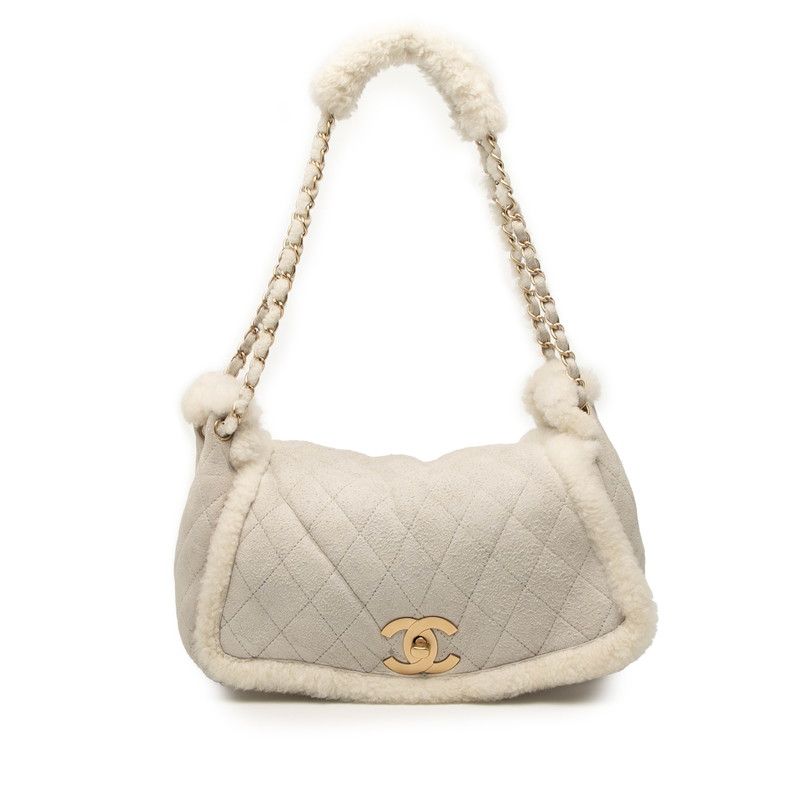 Chanel Matelasse Cocomark Accordion Bag Chain Shoulder Bag Gray Shearling