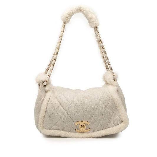 Chanel Matelasse Cocomark Accordion Bag Chain Shoulder Bag Gray Shearling