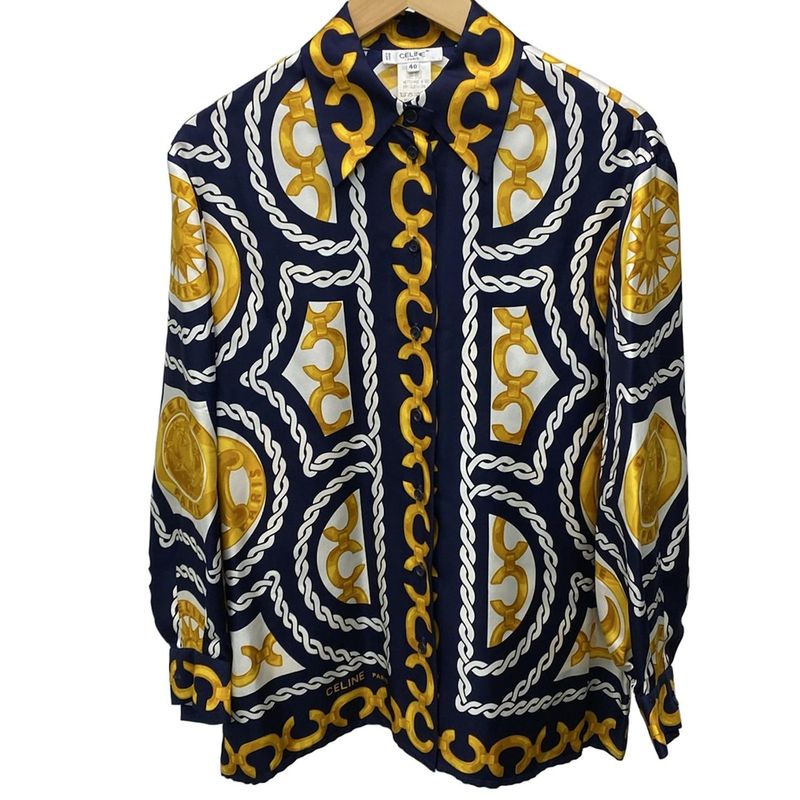 Celine Long Sleeve Shirt Blouse Size 40 M Women's - Dark Navy X Orange X White