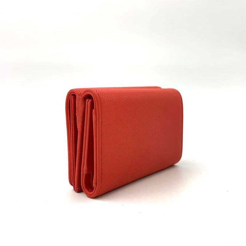 Chanel Coco Mark Serial Number 28 Caviar Skin Red Trifold Wallet Silver